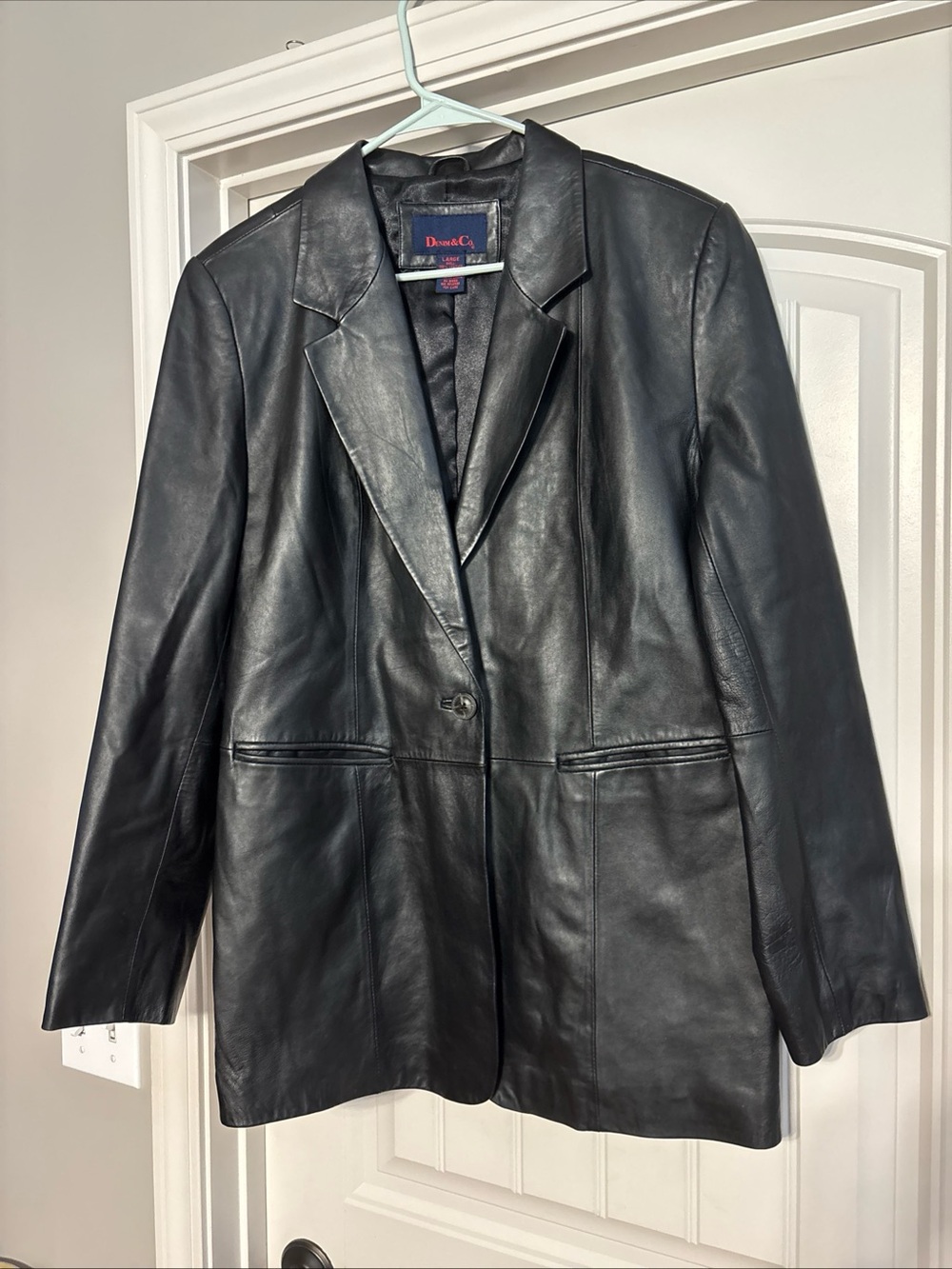 DENIM & CO Leather Buttery Soft Jacket Size Large Black Blazer w/ Pockets Lined